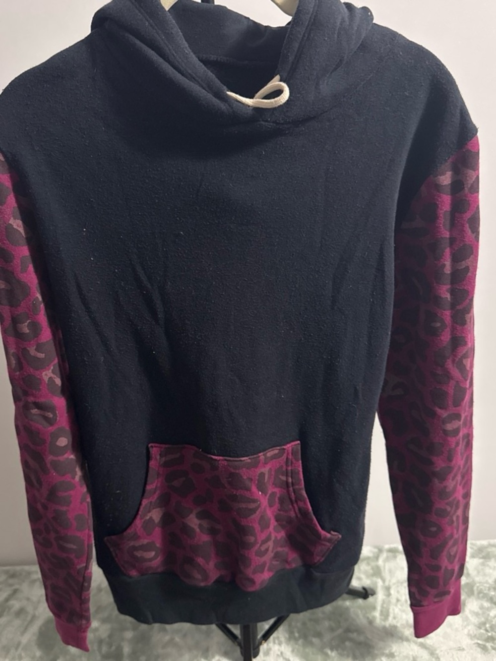 Glamour Kills Black Pullover with Plum Leopard-Print Sleeves